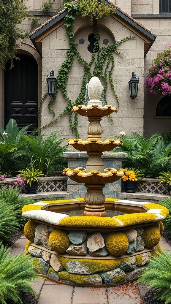 A rustic stone fountain with moss surrounded by greenery and flowers.