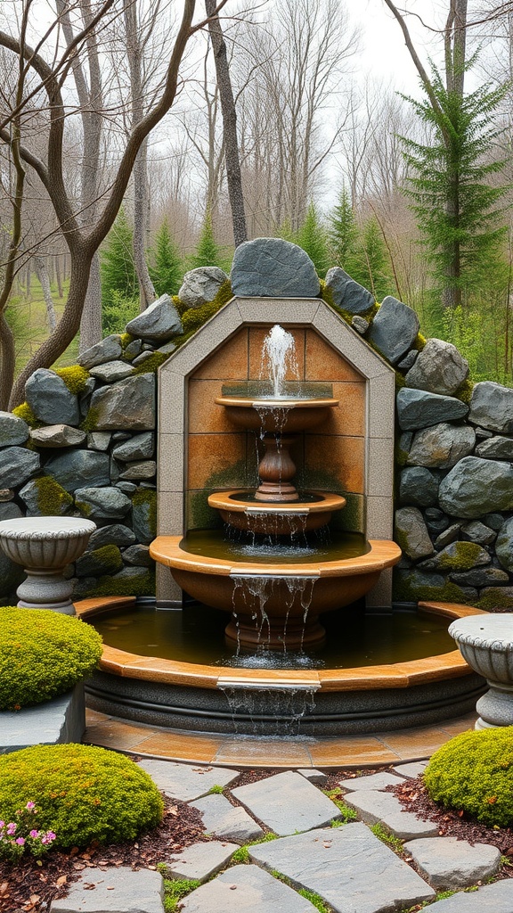 A rustic stone fountain with multiple tiers surrounded by greenery and stones.