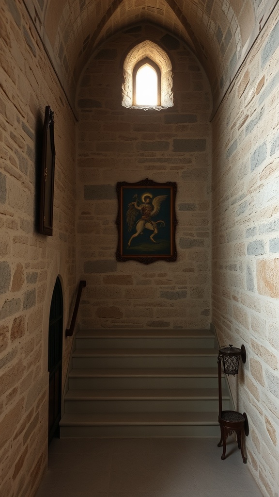 A hallway with rustic stone walls, featuring a small window and an artwork.
