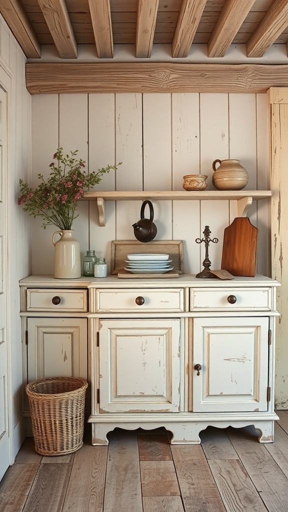 A vintage sideboard with a rustic charm, featuring a wooden shelf and decorative items.