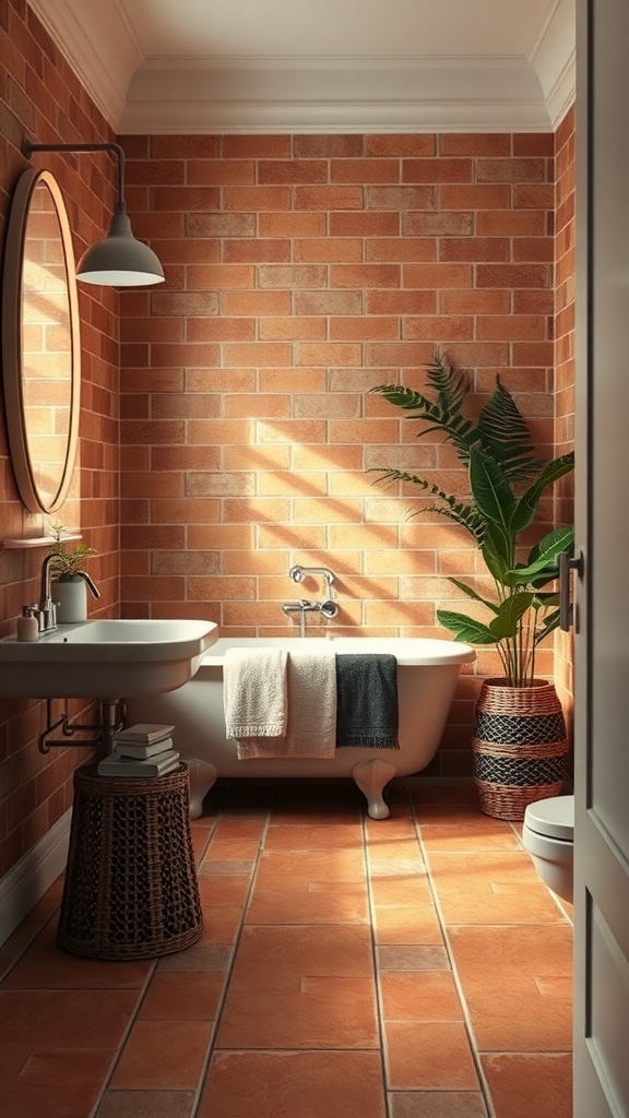 A cozy bathroom featuring rustic terracotta tiles, a vintage bathtub, and a round mirror, with plants adding a touch of greenery.