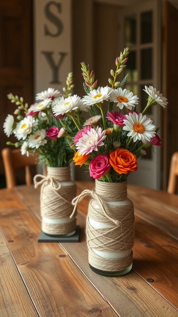 Two rustic twine wrapped vases with colorful flowers on a wooden table.