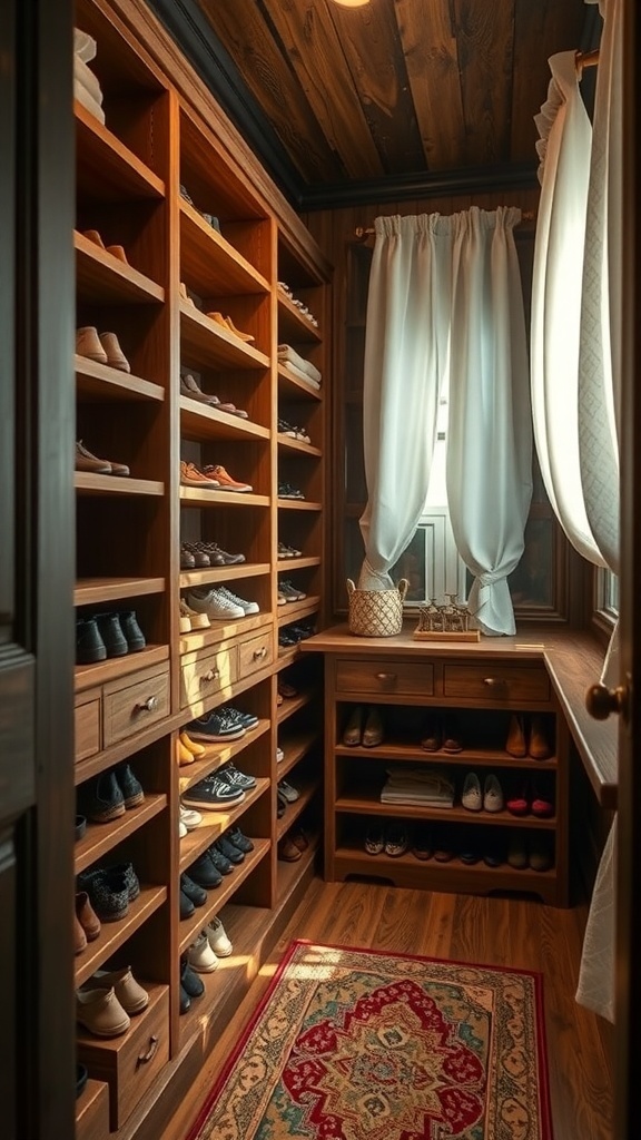 A rustic walk-in closet featuring wooden shoe racks, organized shoes, a cozy rug, and natural light from a window.