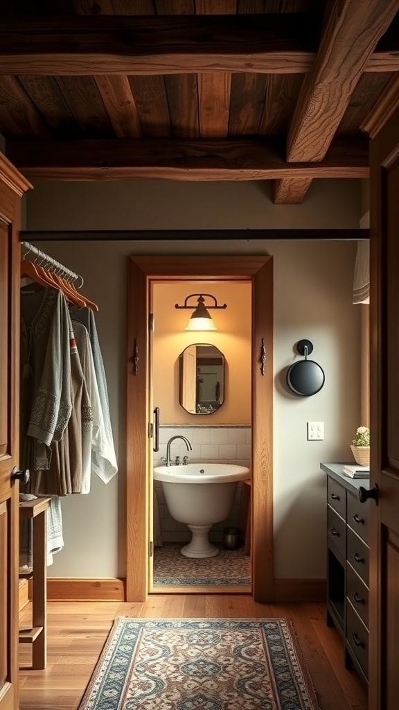 A rustic walk-through closet leading to a bathroom, featuring wooden beams, a patterned rug, and warm lighting.