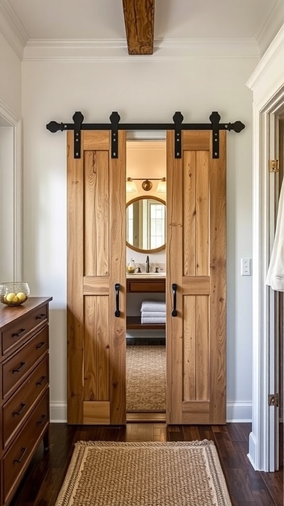 Rustic walk-through closet with barn door leading to a bathroom featuring a freestanding tub.