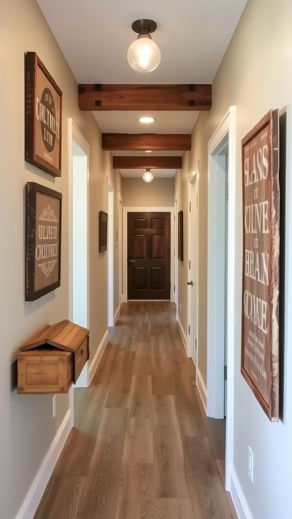 A cozy hallway featuring rustic wall art, a welcome sign, and hanging plants.
