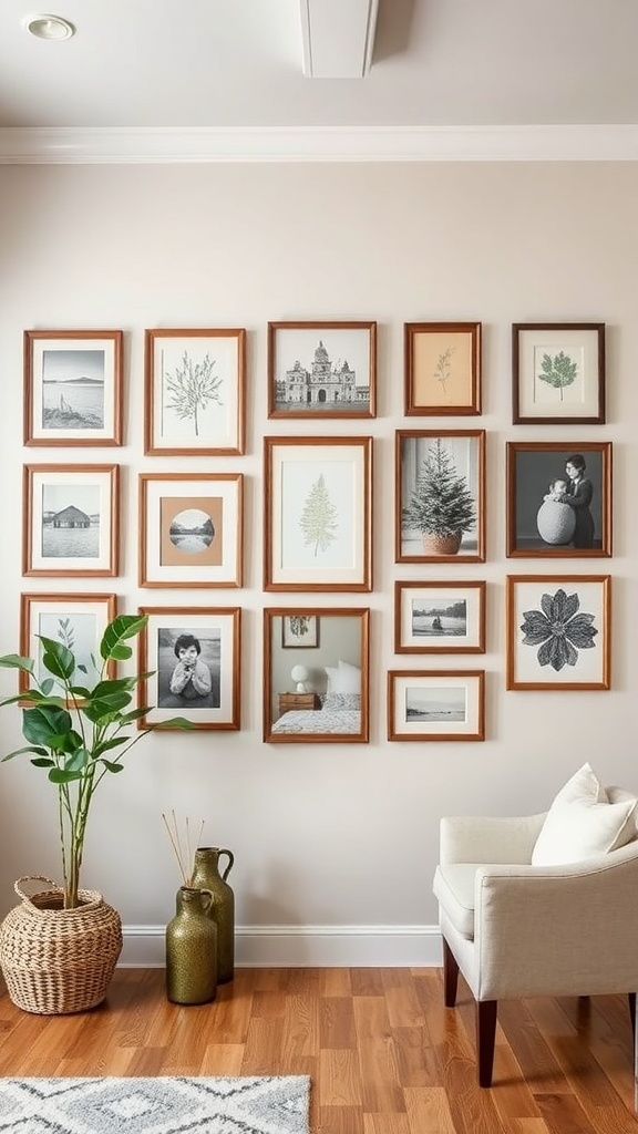 A cozy rustic wall art display featuring a variety of framed artworks and photographs.