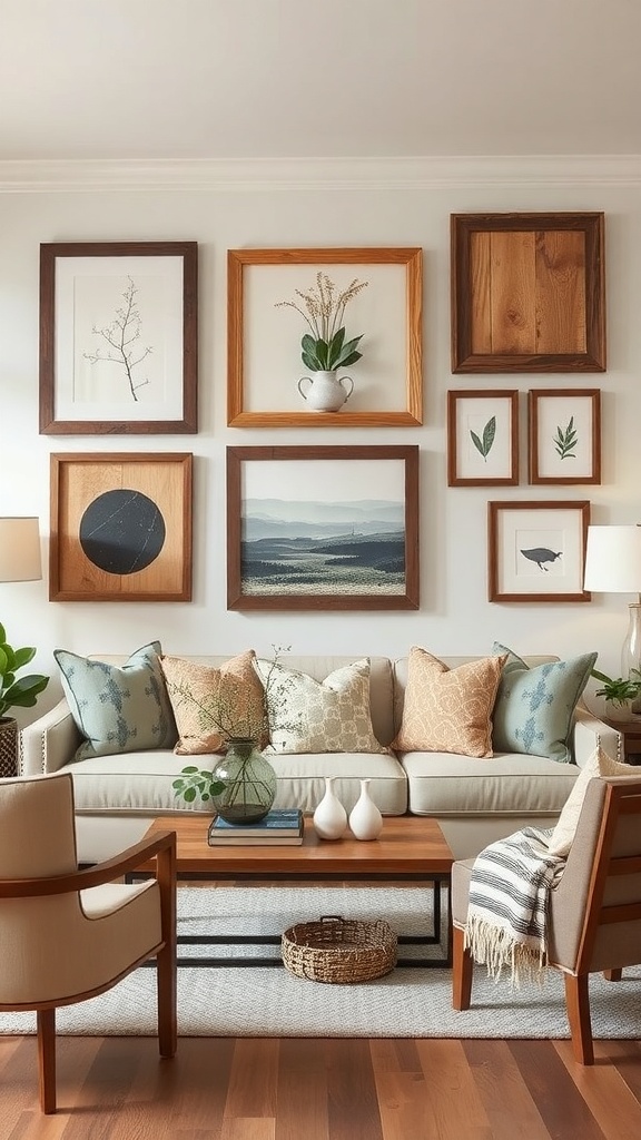 A cozy living room featuring a gallery wall with various framed artworks and a comfortable sofa.