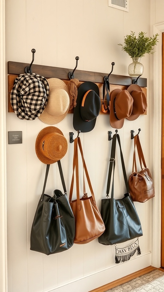 A wooden wall hook displaying various hats and bags, showcasing a rustic home decor style.