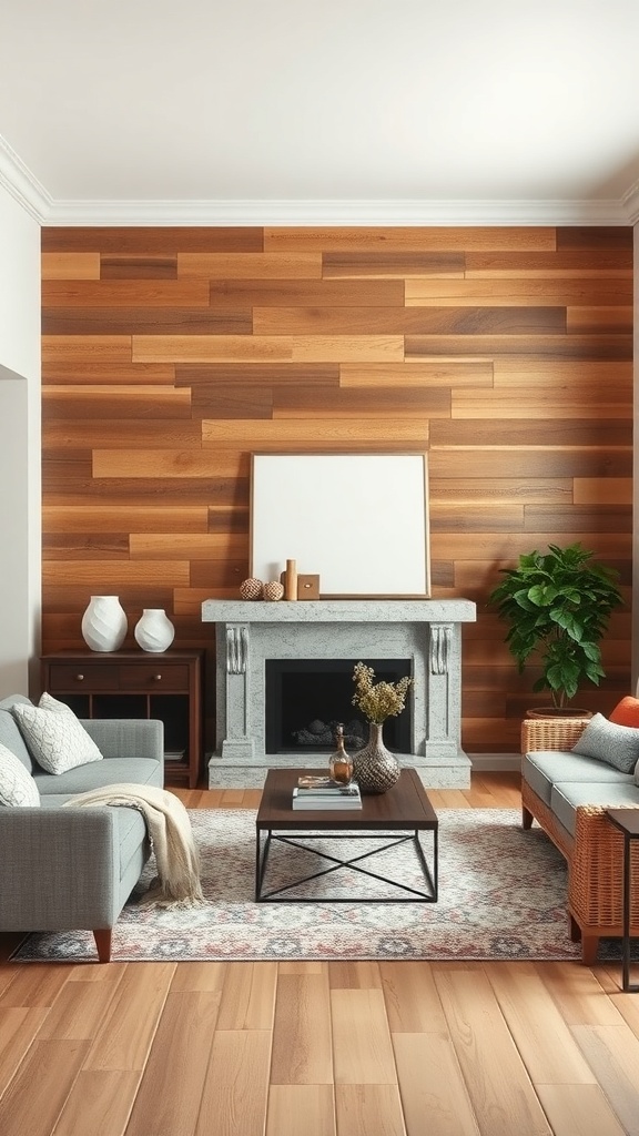 A cozy living room featuring rustic wooden wall panels, a stone fireplace, and modern furniture.