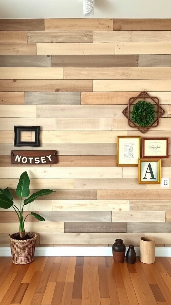 A rustic wooden wall with various shades of wood planks, decorated with framed art, a plant, and decorative items.