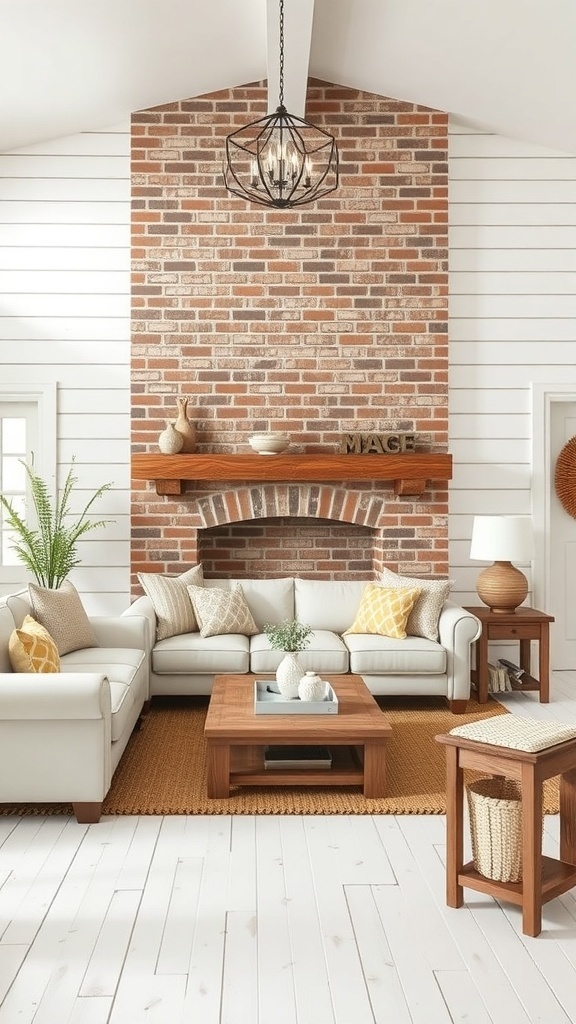 A cozy living room featuring a brick wall, shiplap walls, and rustic decor.