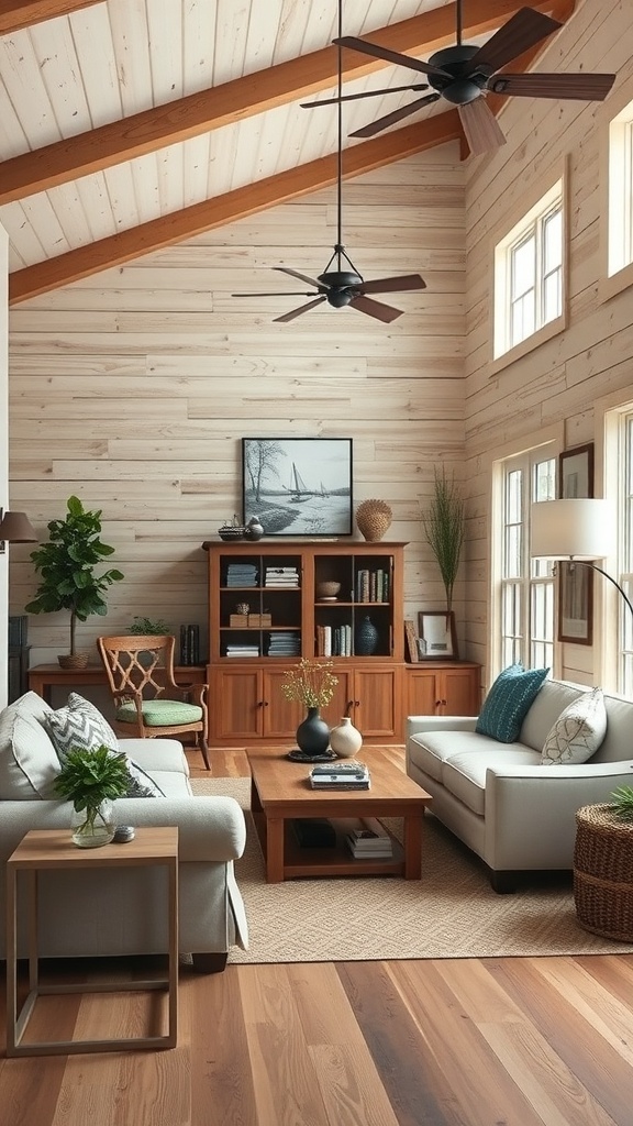 A rustic living room featuring wood paneling, exposed beams, and cozy furniture.