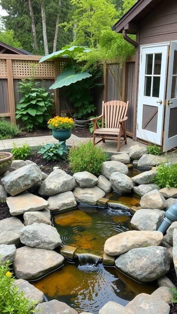 A rustic pond surrounded by stones and greenery, with a chair nearby.