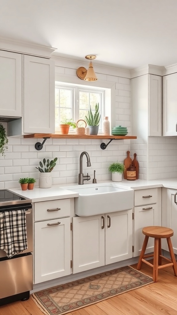 A rustic white farmhouse sink in a bright kitchen with wooden accents and plants.