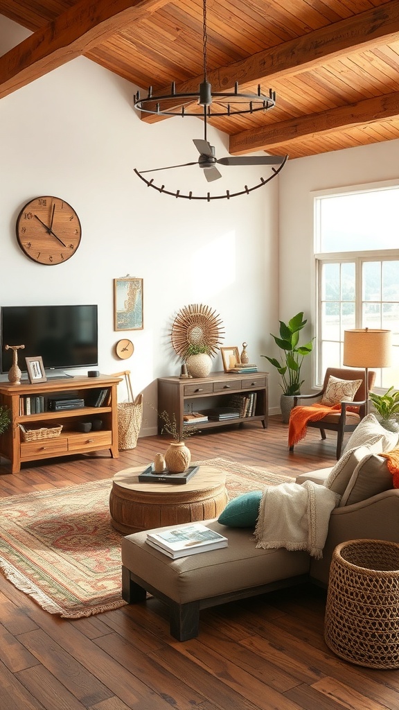 Cozy living room with rustic wood accents, featuring wooden beams, a round coffee table, and a warm color palette.