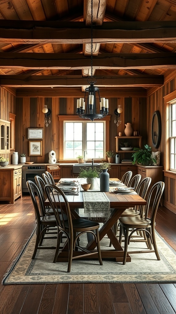 A cozy dining area featuring rustic wood accents with a large wooden table and dark wood cabinetry.