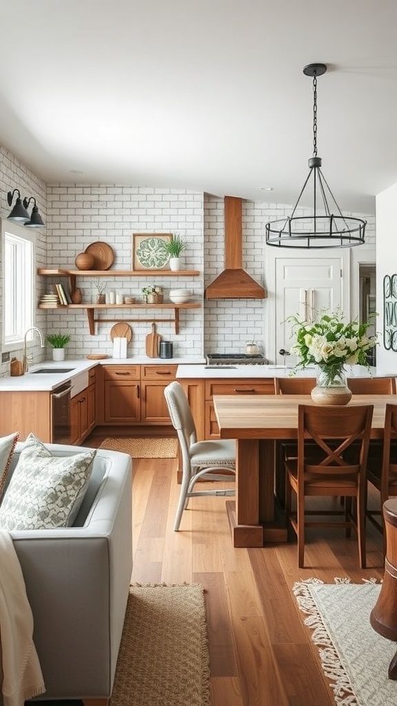 A cozy kitchen featuring rustic wood accents, including wooden shelves, a dining table, and warm wooden flooring.
