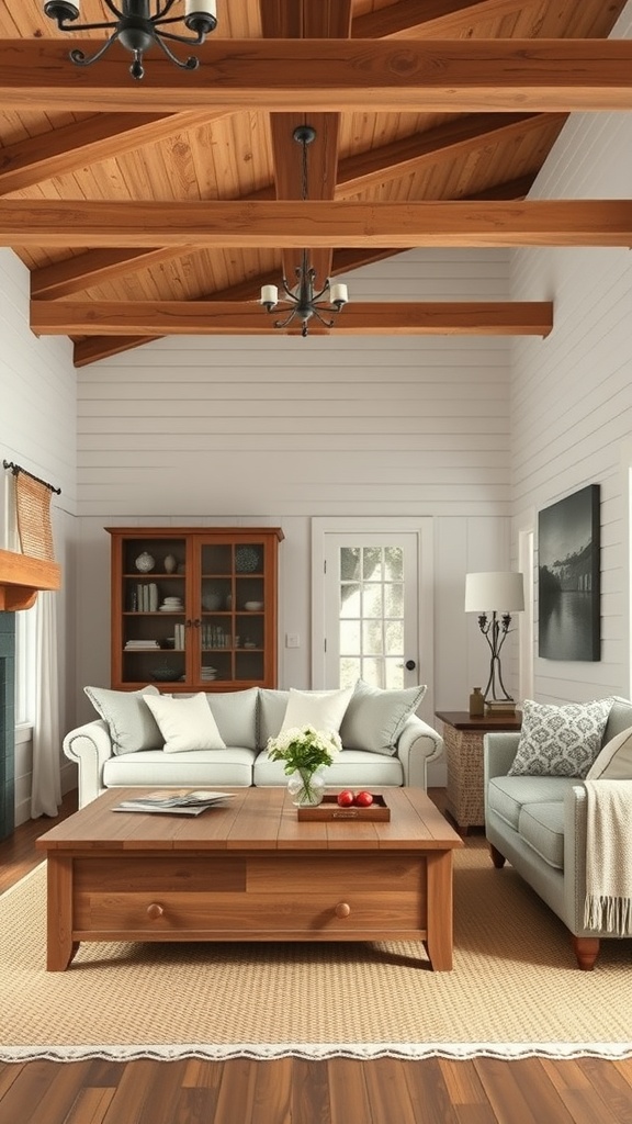 Cozy farmhouse living room with rustic wood accents, including exposed beams and wooden furniture.