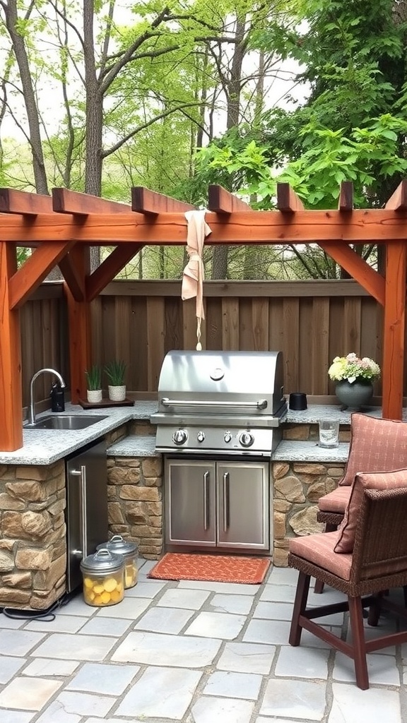 A rustic outdoor grill station featuring wooden beams, stone countertops, and a stainless steel grill.