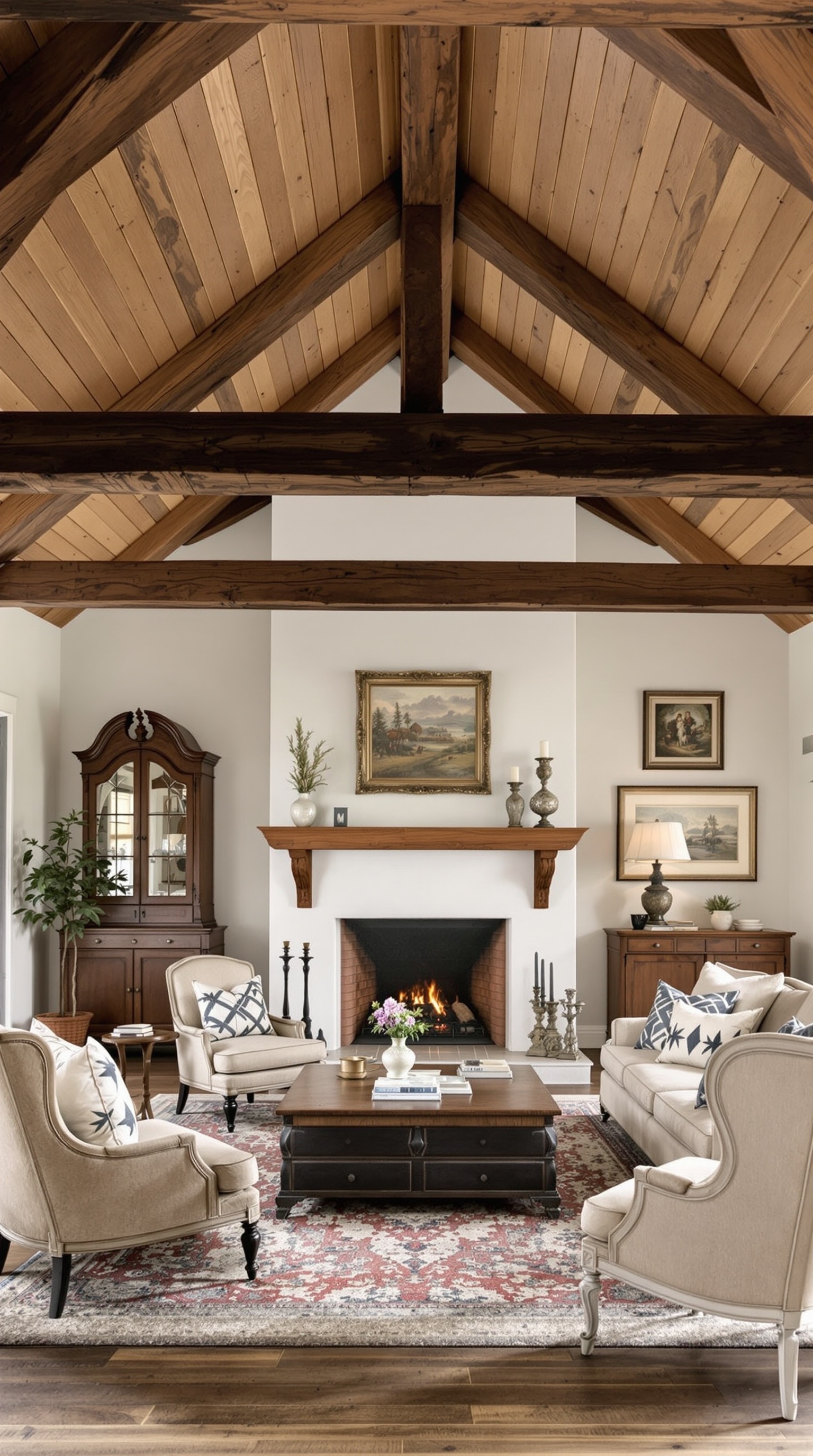 A cozy living room featuring rustic wood beams, a fireplace, and comfortable seating.