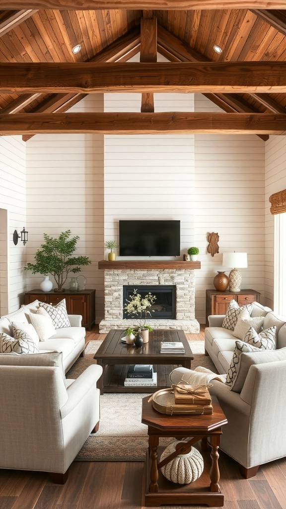 A cozy living room featuring rustic wood beams and shiplap walls, with large windows and comfortable furniture.