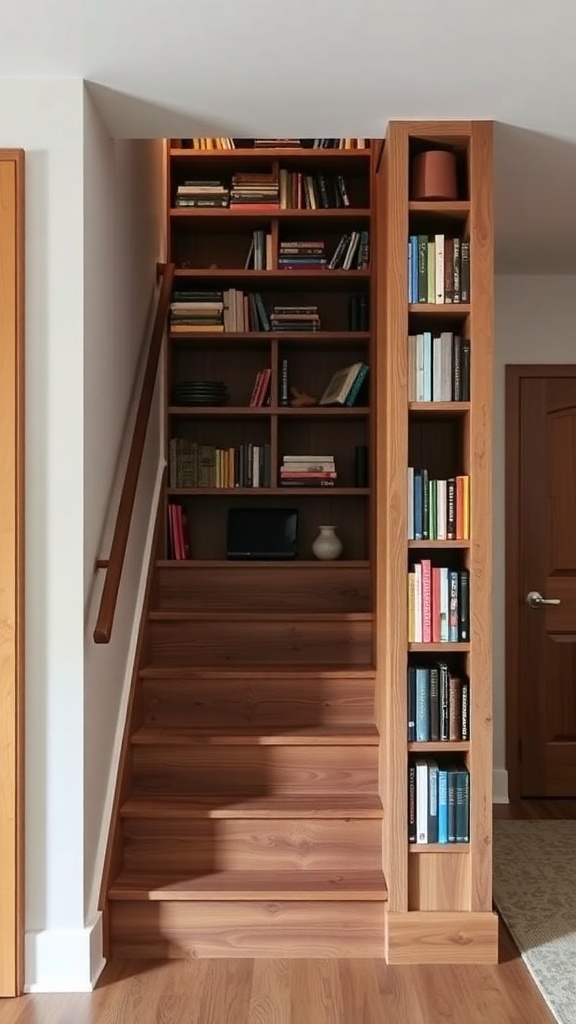Rustic wood bookshelf integrated into a staircase, showcasing books and decorative items.