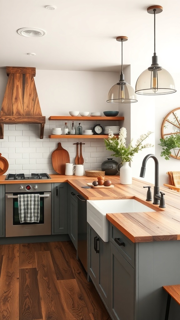 A rustic kitchen featuring wood countertops, gray cabinets, and modern appliances.