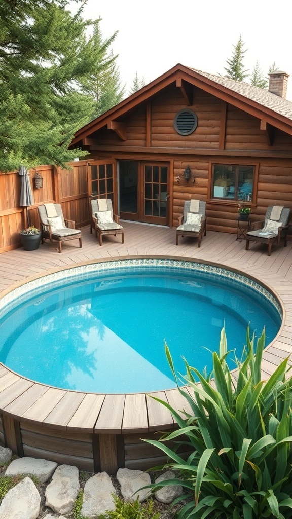 A sunken above ground pool surrounded by a rustic wood deck, featuring lounge chairs and a cozy atmosphere.