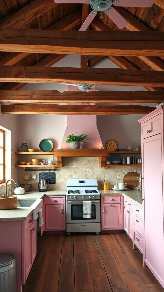 A modern pink kitchen featuring rustic wood beams and shelves, with pink cabinets and a warm atmosphere.
