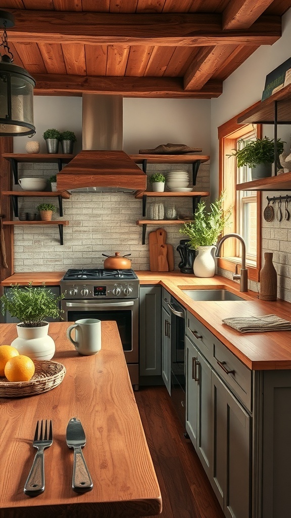 A modern kitchen featuring rustic wood finishes with warm wooden cabinetry and countertops.