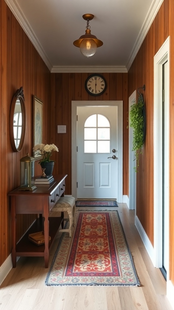A hallway with rustic wood paneling, featuring a console table, mirror, clock, and decorative plants.