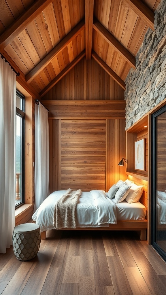 A rustic wood sauna bedroom featuring wooden walls, a stone accent wall, and a cozy bed with soft linens.