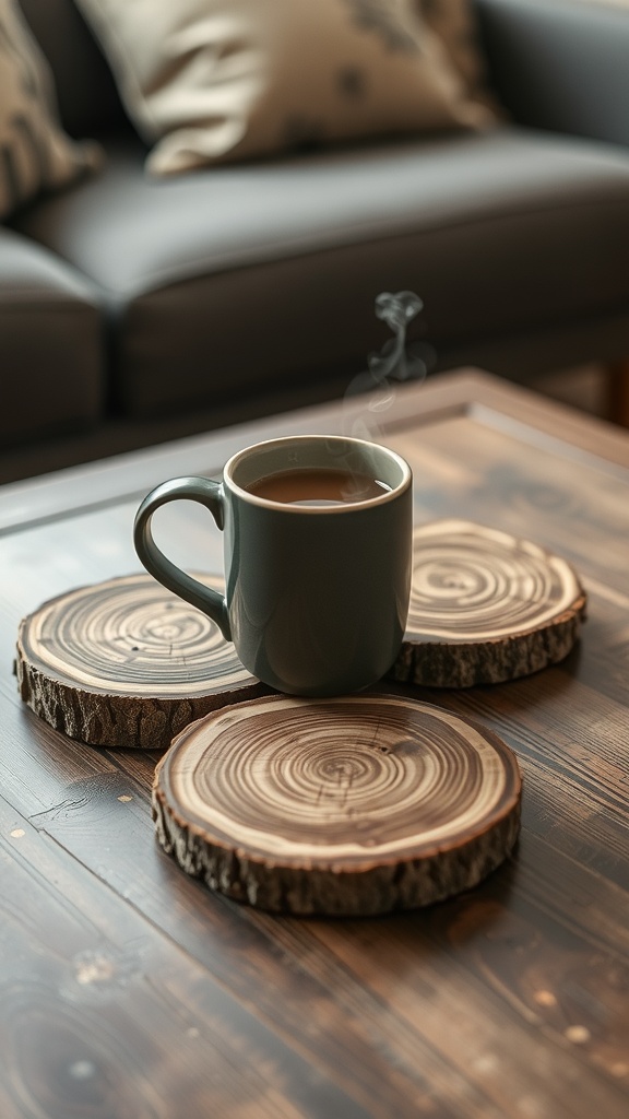 A cozy setup featuring rustic wood slice coasters with a steaming mug of coffee.