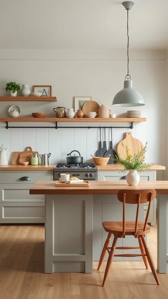 A cozy kitchen featuring rustic wooden accents with shelves and a table.