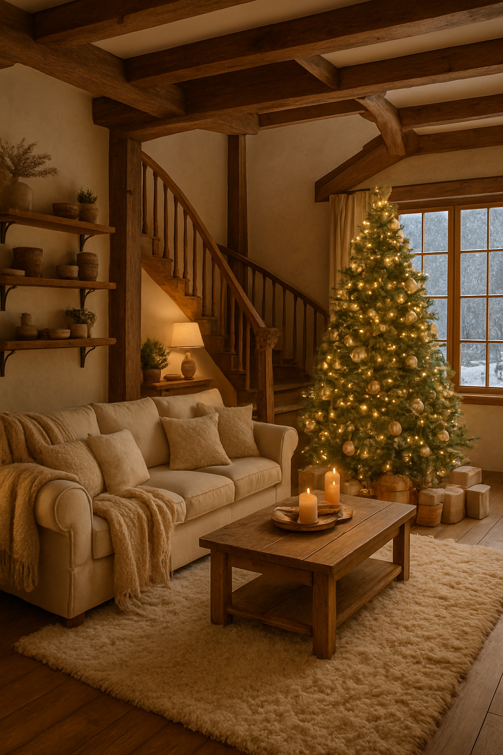 Cozy living room with rustic wooden accents, a Christmas tree, and soft furnishings