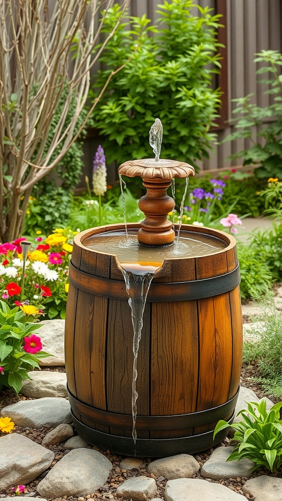 A rustic wooden barrel fountain surrounded by colorful flowers in a garden.