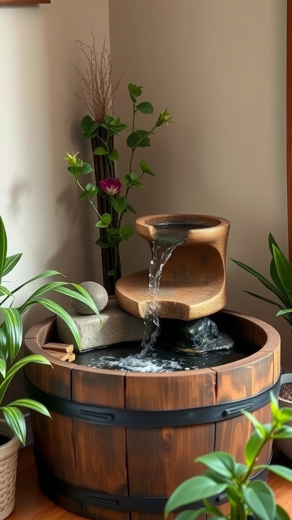 A rustic wooden barrel fountain with water flowing from the top, surrounded by green plants.