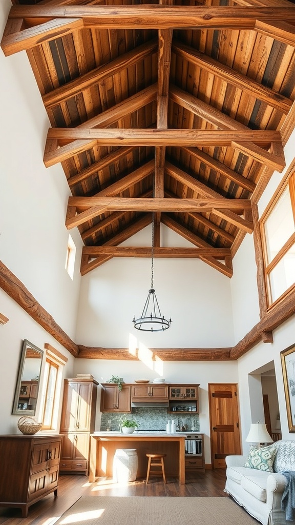 Interior featuring rustic wooden beams and a high ceiling.