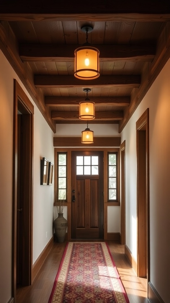 A hallway featuring rustic wooden beams on the ceiling, warm lighting, and a patterned runner.