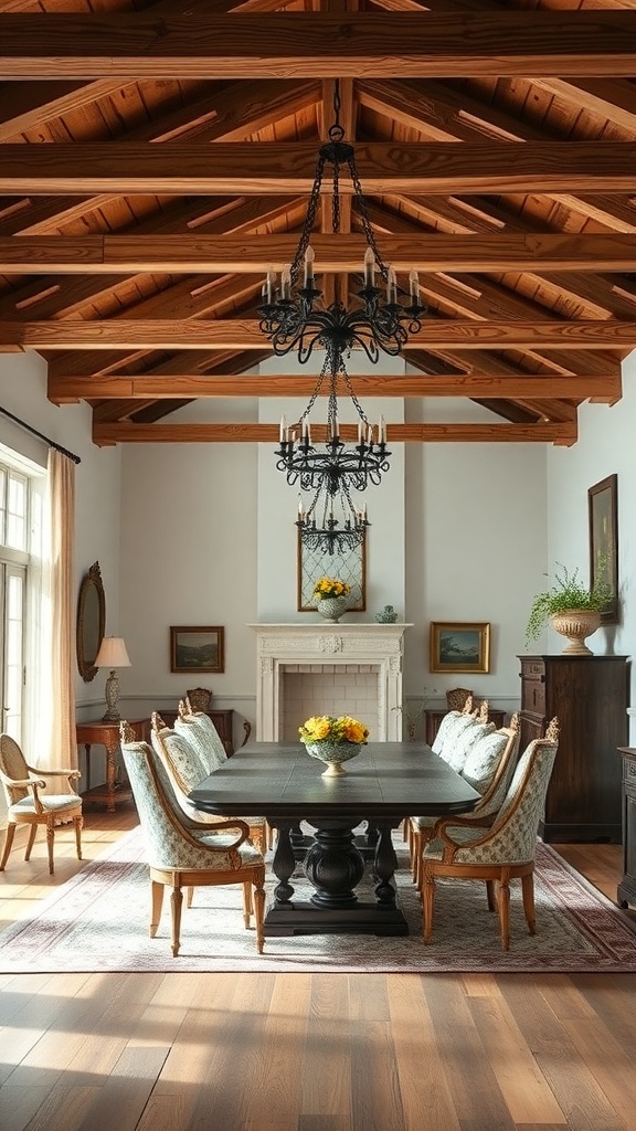 A dining area featuring rustic wooden beams and elegant decor.