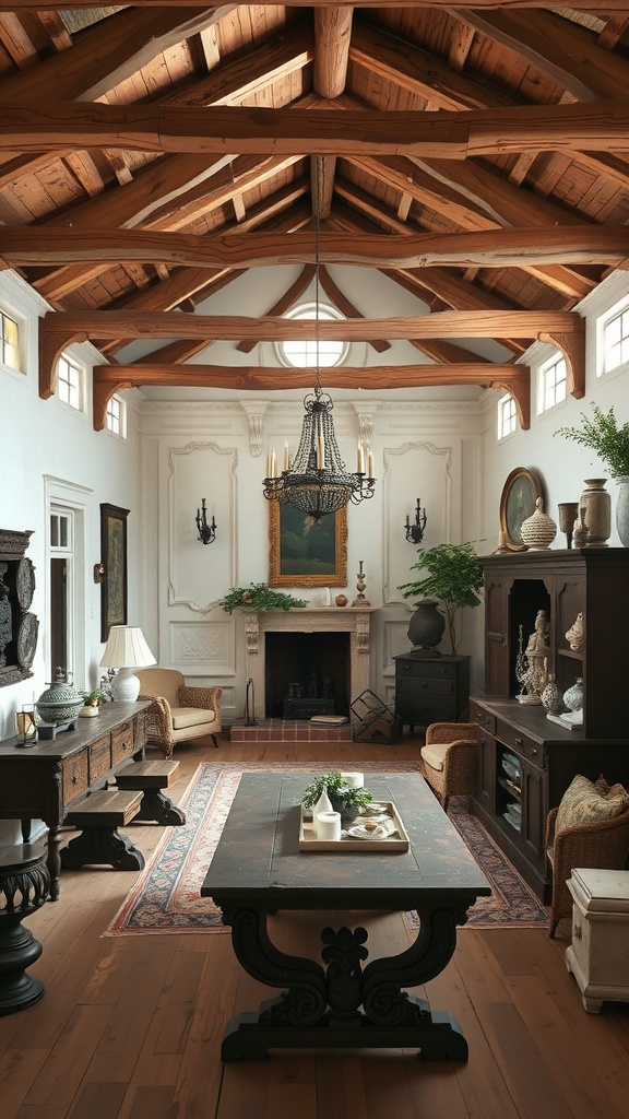 Interior view showcasing rustic wooden beams and Rococo decor in a cozy living space.