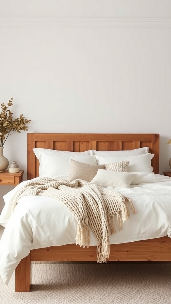 A cozy minimalist farmhouse bedroom featuring a rustic wooden bed frame with soft bedding and decorative pillows.