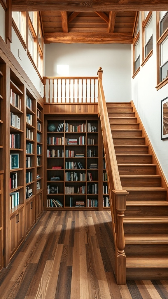 A rustic wooden staircase with bookshelves integrated into the steps, featuring natural wood tones and large windows.