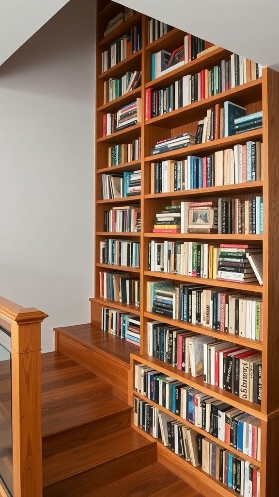 Rustic wooden bookshelf built into a staircase, filled with various books.