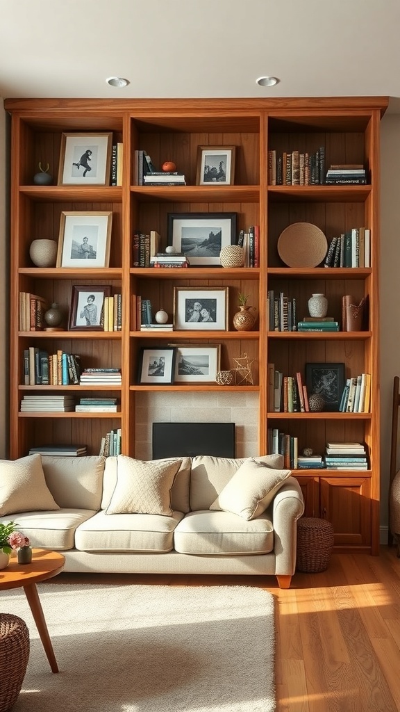 A rustic wooden bookshelf filled with books and decorative items, next to a cozy sofa in a living room.