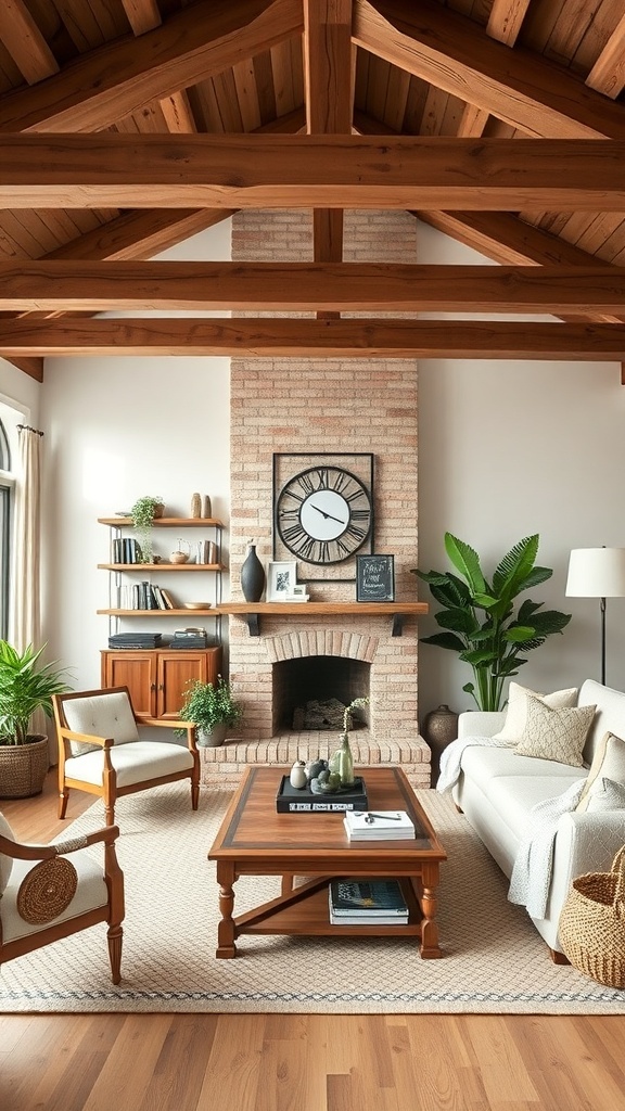 A cozy living room featuring rustic wooden ceiling beams, a brick fireplace, and natural decor.