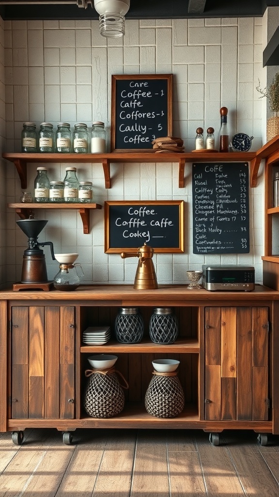 A rustic wooden coffee station with shelves holding jars and a chalkboard menu.
