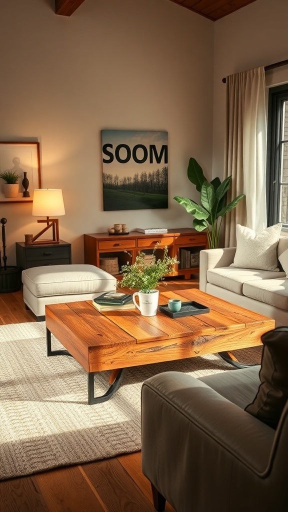 A rustic wooden coffee table in a cozy living room setting with light-colored furniture and decorative items.