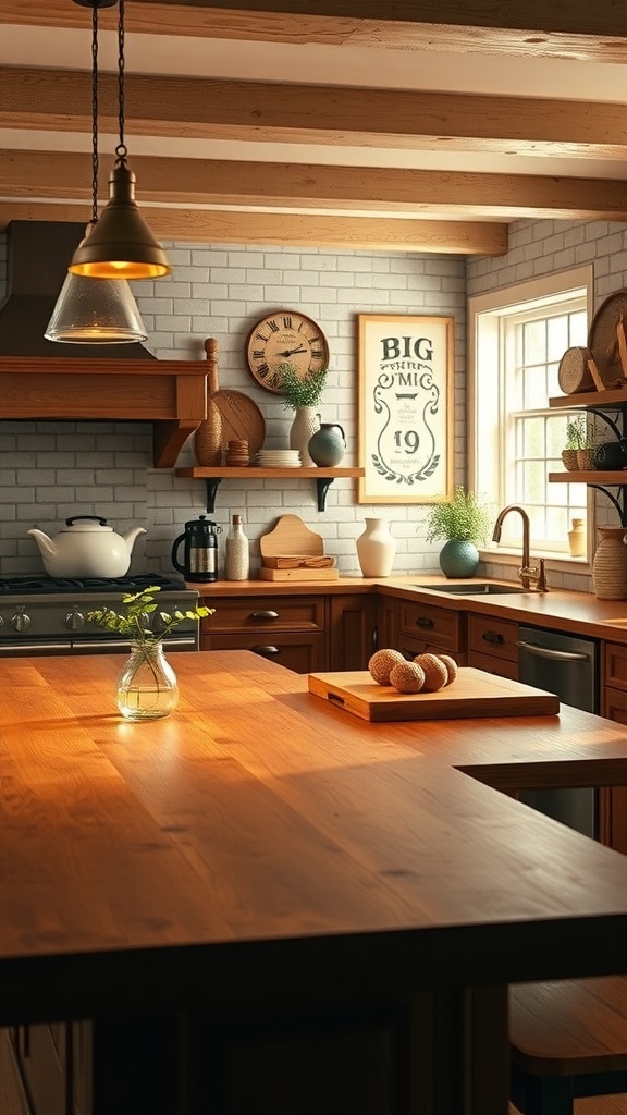 A cozy kitchen featuring rustic wooden countertops, wooden beams, and a vase with greenery.